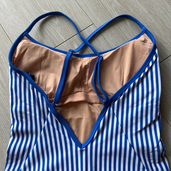 J Crew Factory One Piece Swimsuit With Crisscross Back Small Striped Blue White - Picture 7 of 7